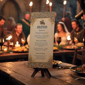 Mittelalterliches Party Menü Vorlage, 4"x9" Printable Menu, Knight & Lady Version, Mittelalterfest, Mittelalterfest, Mittelalterfest, Mittelalterfest