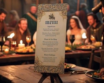 Puede incluir: Una tarjeta de menú de estilo medieval con un diseño dorado y azul. El menú incluye aperitivos, un "Festín del Rey", pollo asado y postres. La tarjeta se muestra en un soporte de madera.
