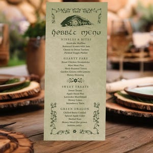 Hobbit Party Menü-Vorlage, Tolkien inspiriert, Ringe der Macht, Herr der Ringe, Fantasy-Themenparty, Bearbeiten in Canva, Cottage Naturparty