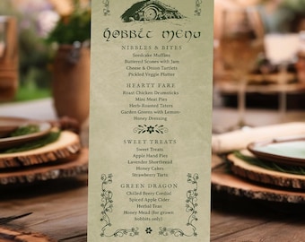 Puede incluir: Un menú verde y marrón con el título "Hobbit Menu" y una lista de alimentos y bebidas, que incluyen "Nibbles & Bites", "Hearty Fare", "Sweet Treats" y "Green Dragon".