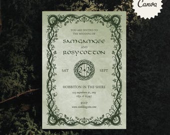 Plantilla de invitación de boda con temática del bosque de los hobbits, Anillos de Poder, editable en Canva (descarga digital)