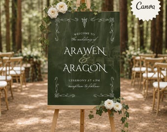 May include: A dark green rectangular wedding welcome sign on a wooden easel, featuring white text that reads: Welcome to the wedding of Arawen & Aragon, Ceremony at 4 PM, reception to follow. The sign is decorated with white roses and green ivy.