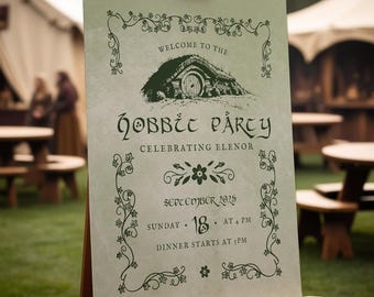 Puede incluir: Un cartel verde y blanco con una ilustración caprichosa de una madriguera de hobbit y el texto "Bienvenido a la fiesta de los hobbits Celebrando Elenor Septiembre 2015 Domingo 18 a las 4 PM La cena comienza a las 5 PM".