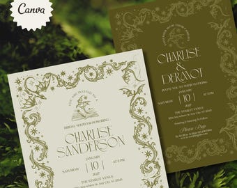 May include: Two rectangular invitation cards featuring a decorative border of dragons and stars. One card is cream with dark text, the other is olive green with light text. Both display wedding and bridal shower details for Charlise and Dermot.