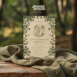 May include: A Narnian-themed birthday invitation with a vintage design. The invitation features a lion illustration, decorative foliage, and the text "LUCY'S NARNIAN BIRTHDAY" with date and time details. The invitation is set against a neutral background.