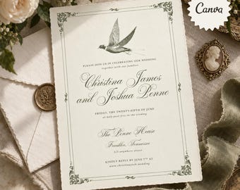 May include: A cream-colored wedding invitation with deckled edges, featuring a dark green border, a pheasant illustration, and elegant serif and script typography. The text reads: Please join us in celebrating our wedding, Christina James and Joshua Penne.