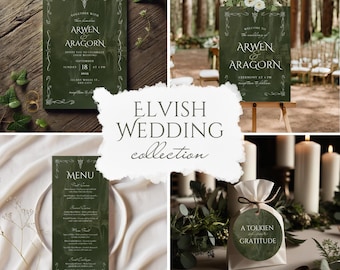 Puede incluir: Colección de papelería de boda élfica, que incluye invitaciones, un letrero de bienvenida y un menú. Los diseños presentan un fondo verde oscuro con una elegante caligrafía blanca y bordes decorativos. También se muestra una bolsa de regalo con la frase "A Tolkien of our Gratitude".