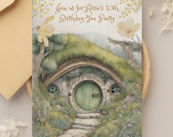 Puede incluir: Tarjeta de invitación en acuarela con una ilustración caprichosa de una casa estilo hobbit con una puerta verde y ventanas arqueadas. El texto dice: "Únase a nosotros para la fiesta de té del décimo cumpleaños de Rosie."