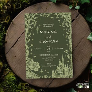 May include: A green wedding invitation with a forest theme. The invitation includes the names Alistair and Bronwin, the date June 08, 2025, and the location High Rock Castle. The design features trees, stars, and a castle illustration.