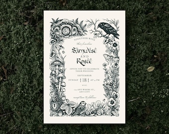 May include: Cream-colored wedding invitation with black illustrations. The design includes a hobbit-hole, mushrooms, flowers, and a raven. Text reads "Samwise and Rosie invite you to celebrate their wedding" with date and location details.
