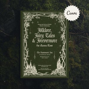 Può includere: Invito verde scuro con illustrazioni floreali e di castelli bianchi. Il testo recita "Folklore, Fairy Tales & Forevermore" per un addio al nubilato. Include i dettagli dell'evento: data, ora e luogo.