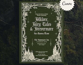 Puede incluir: Invitación verde oscuro con ilustraciones florales y de castillos blancos. El texto dice "Folklore, Fairy Tales & Forevermore" para una despedida de soltera. Incluye detalles del evento: fecha, hora y lugar.