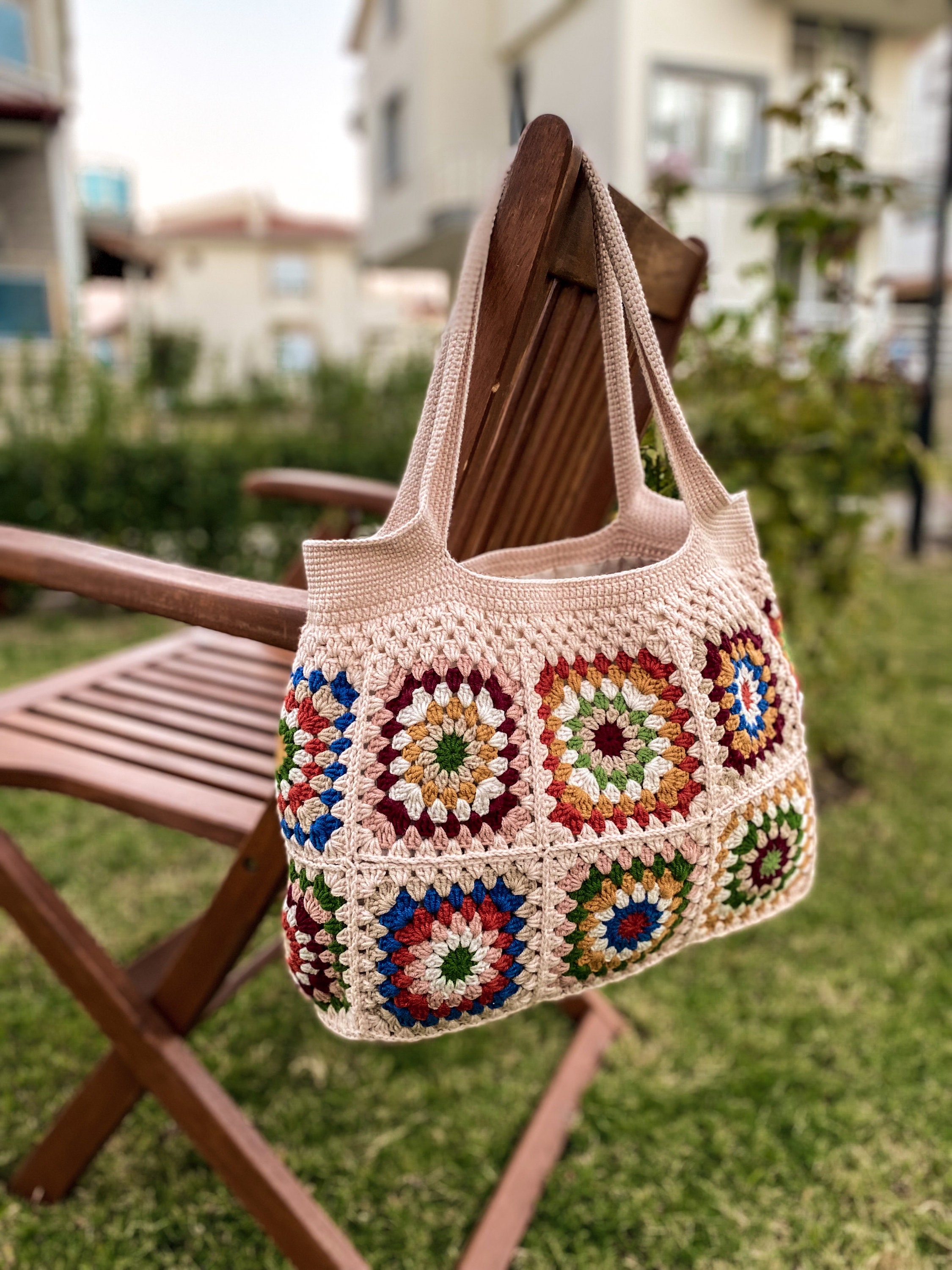 Crochet Granny Square Bag, Colorful Boho Chic Handbag, Market Bag, Tote ...