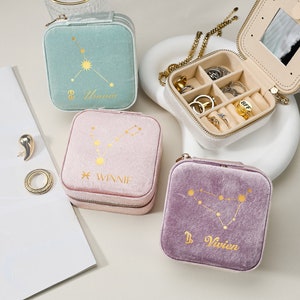 Portagioie in velluto con oroscopo personalizzato, portagioie personalizzato per compleanno, regalo per damigella d'onore, portagioie da viaggio, portagioie con costellazione
