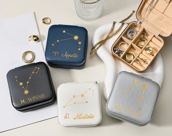Custom Glossy Leather Jewelry Box, Personalized Birthday Jewelry Box, Bridesmaid Gift, Travel Jewelry Case, Constellation Jewelry Box