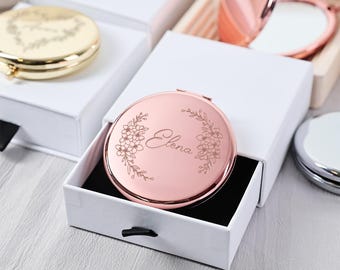 Specchio tascabile con fiore di nascita, specchio tascabile personalizzato in oro, specchio con nome inciso, specchio compatto personalizzato, specchio pieghevole, regalo di San Valentino