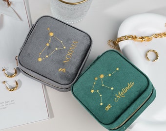 Custom Horoscope Velvet Jewelry Box, Personalized Birthday Jewelry Box, Bridesmaid Gift, Travel Jewelry Case, Constellation Jewelry Box