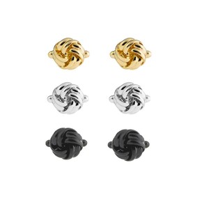 Puede incluir: Seis pares de gemelos con forma de nudo en oro, plata y negro. Los gemelos tienen un dise&ntilde;o texturizado y tejido. Los gemelos dorados son brillantes, los plateados son met&aacute;licos y los negros son mate.