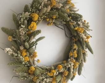 Spring Dried  Floral Wreath, natural, green, yellow and white.