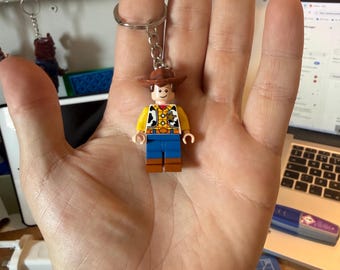 Puede incluir: Un llavero con una pequeña figura de juguete de plástico de un personaje vaquero. La figura lleva un sombrero marrón, una camisa amarilla con un chaleco de estampado de vaca en blanco y negro, una insignia de sheriff dorada, pantalones azules y botas marrones, unido a una anilla de metal.