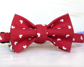 Valentine's Day Bow Tie Cat Collar with Bell “I Love You” / White Hearts on Red / Breakaway Collar for Kitten, Cat, Large Cat