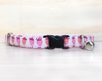 Breakaway Cat Collar with Bell “Blush Pink Strawberry” / Collar for Kitten, Cat, Large Cat