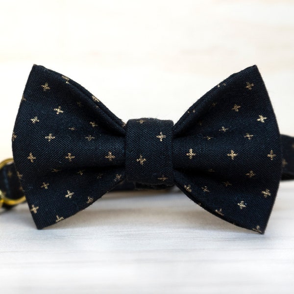 Bow Tie Cat Collar with Bell "Midnight" / Metallic Gold and Black / Breakaway Collar for Kitten, Cat, Large Cat