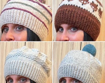 May include: Four knitted winter hats. One is beige with burgundy and green stripes and a multicoloured pom-pom. Another is brown with a white geometric pattern. The third is light grey with a textured pattern. The last is light grey with a teal pom-pom.