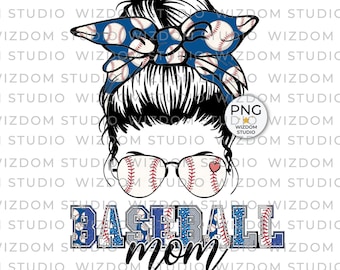 Baseball Mom PNG Image, Blue Baseball Messy Bun Design, Sublimation Designs Downloads, PNG File