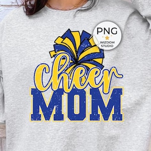 Immagine PNG &quot;Cheer Mom&quot;, design Cheer Blue Gold Distressed, download di design di sublimazione, file PNG