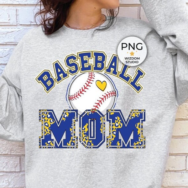 Baseball Mom PNG Image, Baseball Leopard Blue Yellow Gold Design, Sublimation Designs Downloads, PNG File