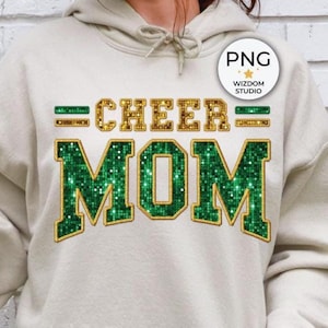 Cheer Mom PNG Image, Cheer Green Gold Faux Sequin Design, Sublimation Designs Downloads, PNG File