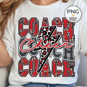 Cheer Coach PNG Image, Red Lightning Bolt Cheer Leopard Design, Sublimation Designs Downloads, PNG File