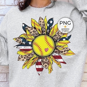 Softball Sunflower PNG Image, Softball Leopard Sunflower Patriotic Design, Sublimation Designs Downloads, PNG File