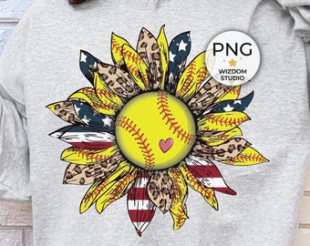 Softball Sunflower PNG Image, Softball Leopard Sunflower Patriotic Design, Sublimation Designs Downloads, PNG File