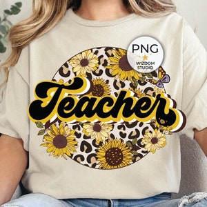 Teacher PNG Image, Leopard Sunflower Teacher Design, Sublimation Designs Downloads, PNG File