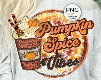 Imagen PNG de Pumpkin Spice Vibes, diseño de café con leche teñido anudado de otoño, descarga de diseños de sublimación, PNG transparente