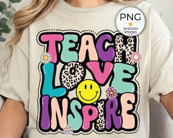 Immagine PNG "Teach Love Inspire", design per il ritorno a scuola dell'insegnante leopardato, download di design a sublimazione, file PNG