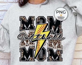 Softball Mom PNG Image, Softball Lightning Bolt Leopard Black Design, Sublimation Designs Downloads, PNG File