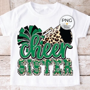 Cheer Sister PNG Image, Leopard Cheer Poms & Megaphone Green Design, Sublimation Designs Downloads, PNG File
