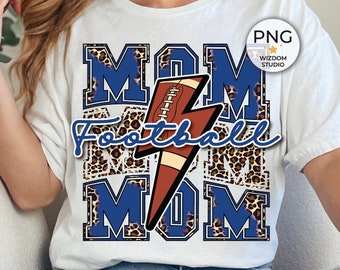 Football Mom PNG Image, Football Lightning Bolt Leopard Blue Design, Sublimation Designs Downloads, PNG File