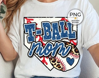 May include: White t-shirt with a blue and red baseball diamond graphic that says "T-Ball Mom" with a glittery blue baseball and leopard print accents.