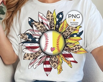Baseball Softball Sunflower PNG Image, Baseball Softball Leopard Sunflower Patriotic Design, Sublimation Designs Downloads, PNG File
