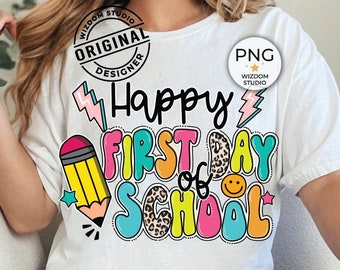 Happy First Day Of School PNG Image, Leopard Lightning Bolt Back To School Design, Sublimation Designs Downloads, PNG File