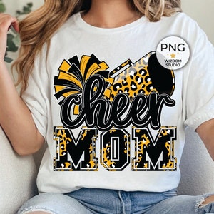 Cheer Mom PNG Image, Black Gold Leopard Cheer Poms & Megaphone Design, Sublimation Designs Downloads, PNG File