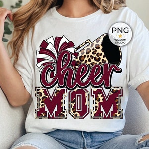 Cheer Mom PNG Image, Leopard Maroon Cheer Poms & Megaphone Design, Sublimation Designs Downloads, PNG File