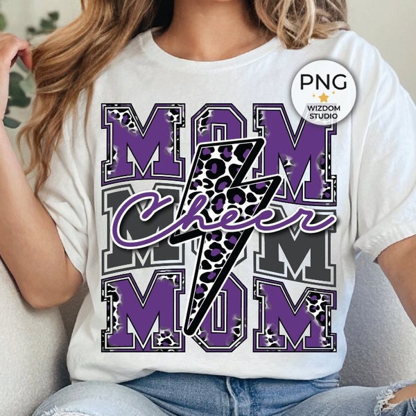 Cheer Mom PNG Image, Lightning Bolt Cheer leopard Purple Design, Sublimation Designs Downloads, PNG File