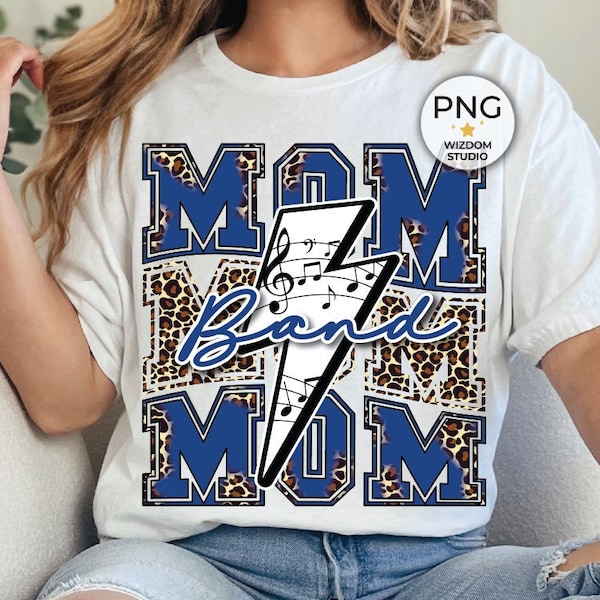 Band Mom PNG Image, Marching Band Lightning Bolt Leopard Blue Design, Sublimation Designs Downloads, PNG File