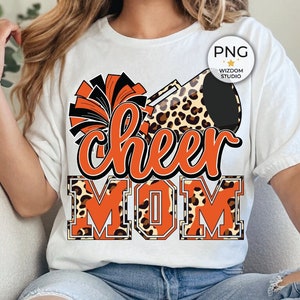 Cheer Mom PNG Image, Orange Leopard Cheer Poms & Megaphone Design, Sublimation Designs Downloads, PNG File