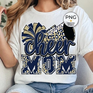 Cheer Mom PNG Image, Navy Blue Gold Leopard Cheer Poms & Megaphone Design, Sublimation Designs Downloads, PNG File